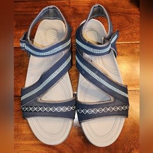 DR. SCHOLL'S Dynomite Navy and Gray Leather Adjustable Strap Sandals Sz 10 EUC